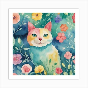 Colorful Cat With Flowers Art Print