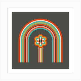 COLOURS OF THE RAINBOW Mid-Century Modern Scandi Folk Rainbow Floral in Vintage Retro Colours on Charcoal Brown Art Print