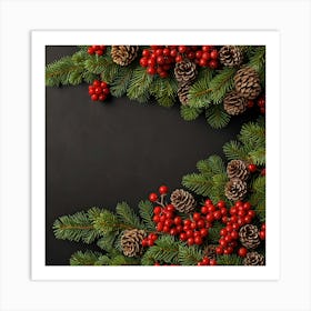 Christmas Tree With Berries On Black Background Art Print