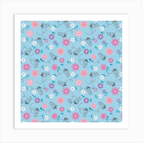 Bees And Flowers Pink And Blue Floral Wallpaper Art Print