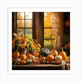 Autumn Harvest Celebration Captured In A Rustic Farmhouse Setting Pumpkins And Various Gourds Offer Art Print