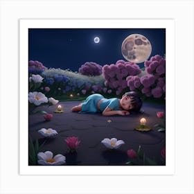 Little Girl Sleeping In The Moonlight Art Print