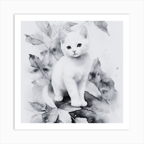 Black and White White Kitten In Autumn Leaves Art Print