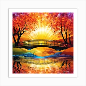 Autumn Sunrise With A Arch Bridge Over A River And Reflections At A Autumn Sunrise In A Abstract And Colorful Illustration Art Print