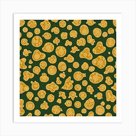 Gold And Green Seamless Pattern Featuring Amoeba Like Blobs Shapes With Edges, Flat Art, 113 Art Print