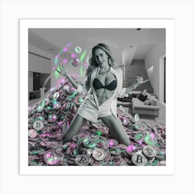 Woman Posing With Bitcoins Art Print