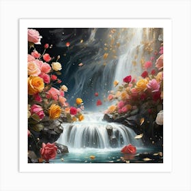 Waterfall With Roses Art Print