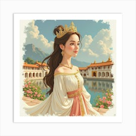 Graceful Empress With Watercolor Serene Palace 1 Art Print