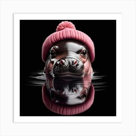 Baby Hippo in pink beanie hat 1 Art Print