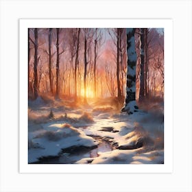 Winter Woodland Stream at Sunset 3 Art Print