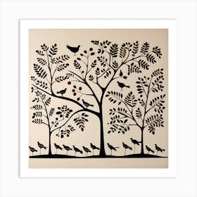 Indian Warli Painting, Bird On a Branch, folk art, 152 Art Print