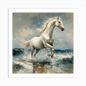 white horse in the surf Art Print