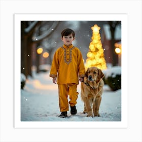 Boy And Dog In The Snow Art Print