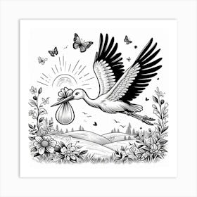 Line Art stork and baby 3 Art Print