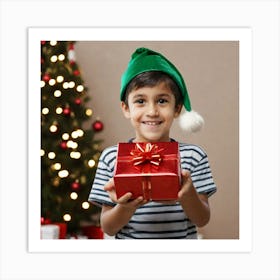 Boy Holding Christmas Gift Art Print