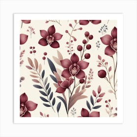 Scandinavian style,Pattern with burgundy Orchid flowers 3 Art Print