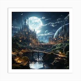 Dragonextinction A City With Water Bridges And Planets In The S 65cebcef 301c 4baf 86db Ada2bcdf55dd 1 Art Print