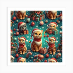 Christmas Cats Seamless Pattern Art Print