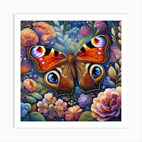 Colourful Butterfly Painting with Flowers I Art Print