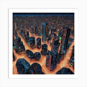 Illustration Of A City Skyline At Night Buildings Made Of Octagonal Fractal Patternneon Vibrant 682293568 (3) Art Print