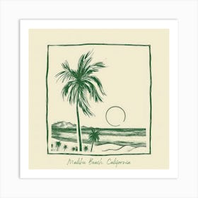 Malibu Beach, California Green Line Art Illustration Art Print