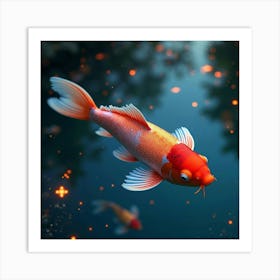 A Surreal Koi Fish With Holographic Scales Swimming In A Mystical, Glowing Pond Art Print