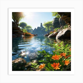 Landscape With Flowers In The Water Art Print