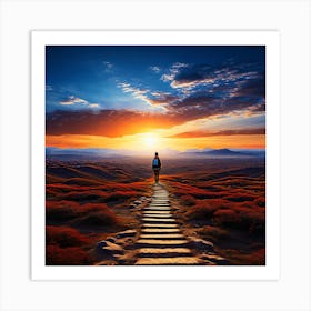 Man Walking On A Path At Sunset Art Print