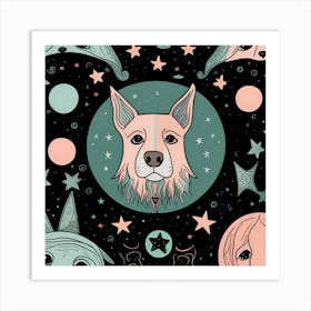 Dog In Space whimsical minimalistic line art Art Print