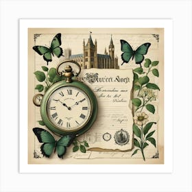 Vintage Clock, Book, Butterfly, And Key On A Wooden Table Art Print