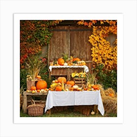 An Idyllic Rustic Autumn Setting A Basket Brimming With Fresh Harvest Of Corn And Pumpkin Wood Br (1) Art Print