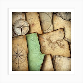 Old Maps And Compass 1 Art Print