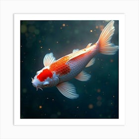 A Radiant Koi Fish With Scales Of Cascading, Iridescent Light Swimming Through A Cosmic Pond Art Print