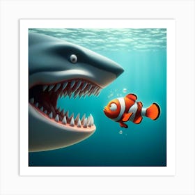 Clownfish And Shark Art Print