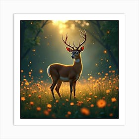 A Graceful Deer Standing In A Meadow Of Glowing Flowers, With Fireflies Dancing Around Art Print