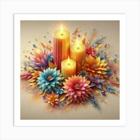 Three Candles With Flowers Art Print