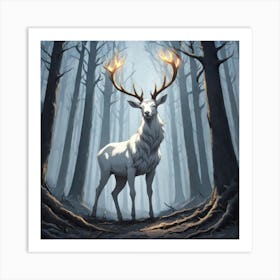 A White Stag In A Fog Forest In Minimalist Style Square Composition 11 Art Print