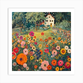 Flower Garden Landscape with House. Gustav Klimt Style Art Print