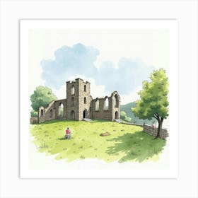 Watercolor View Of The Llanthony Priory In Wales, Featuring Its Historic Ruins And Tranquil Setting Art Print