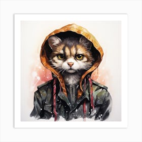 Watercolour Cartoon Ringtail Cat In A Hoodie 2 Art Print