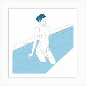Nude Woman In The Pool in blue Art Print