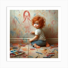 Little Girl Playing With Crayons Art Print