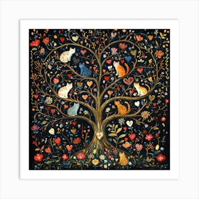 Folk Art Heart Tree Cat Climbing Artwork 3 Art Print