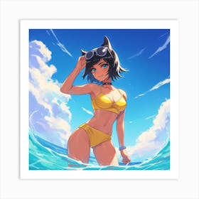 Cat Girl In The Ocean Art Print