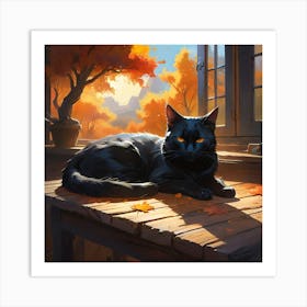 Black Cat In Autumn Art Print