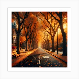 A Picture Of A Street With Trees In Fall Colors And Leaves On The Ground Art Print