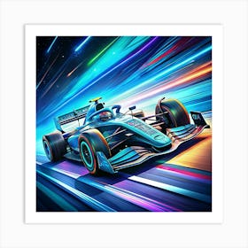 A Blue Formula One Race Car Speeding On A Track With Bright Lights 1 Art Print