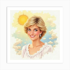 Smiling Princess Diana Framed By Soft Pastel Watercolor Clouds And Sunshine 1 Art Print