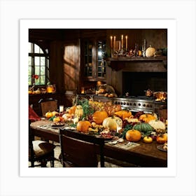 A Beautifully Prepared Thanksgiving Banquet Seated Under The Warm Glow Of Recessed Lighting In A Rus (1) Art Print