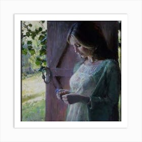 Woman Looking At A Flower Art Print